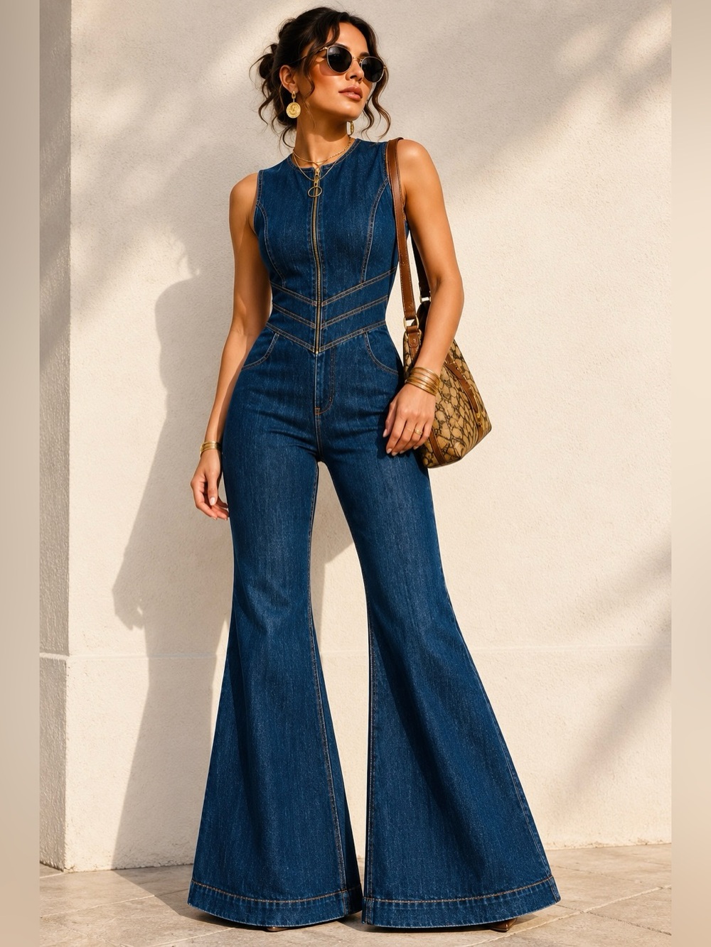 REVICE Hollywood Heartthrob Denim Jumpsuit Heart Cutout Flare M